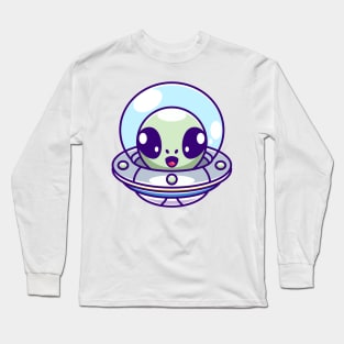 Cute alien flying with spaceship ufo cartoon Long Sleeve T-Shirt